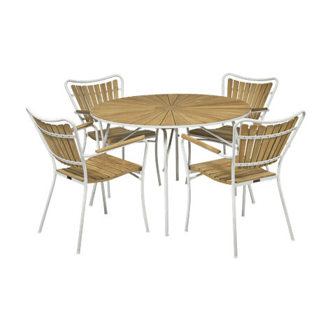 Mandalay Marguerit Havebord Ø110 cm Inkl. 4 Havestole Havemøbelsæt - Hvid/Teak
