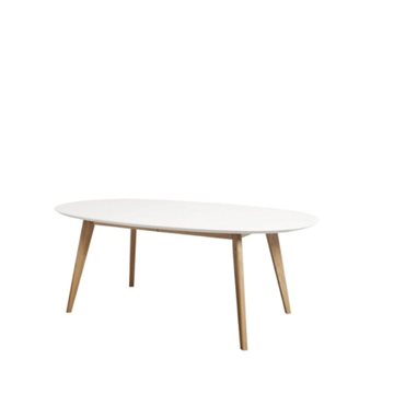 DK10 ovalt spisebord i hvid laminat, sædebehandlede ben